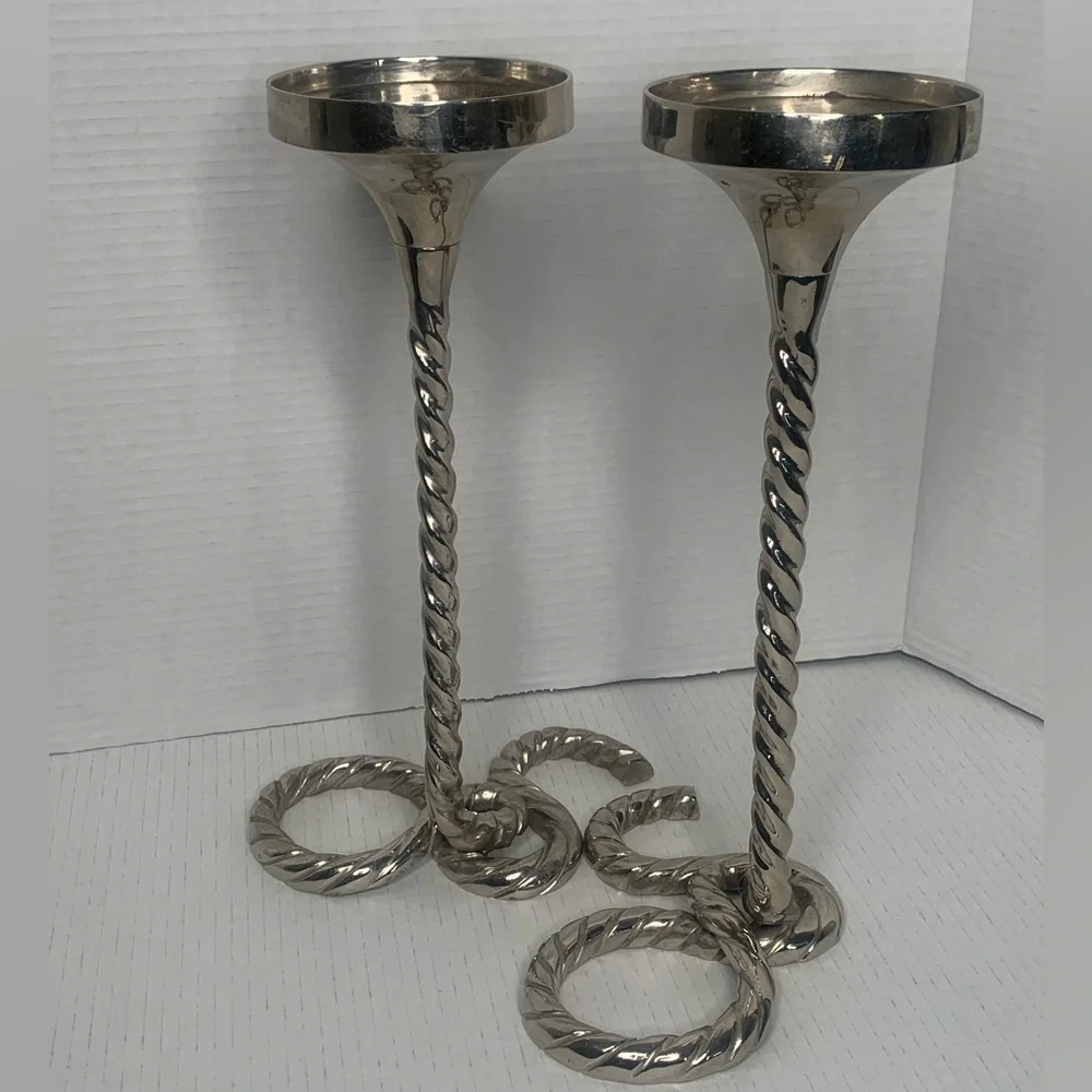WEST ELM SILVER DECORATIVE SPIRAL PILLER CANDLE HOLDERS 3x3 size